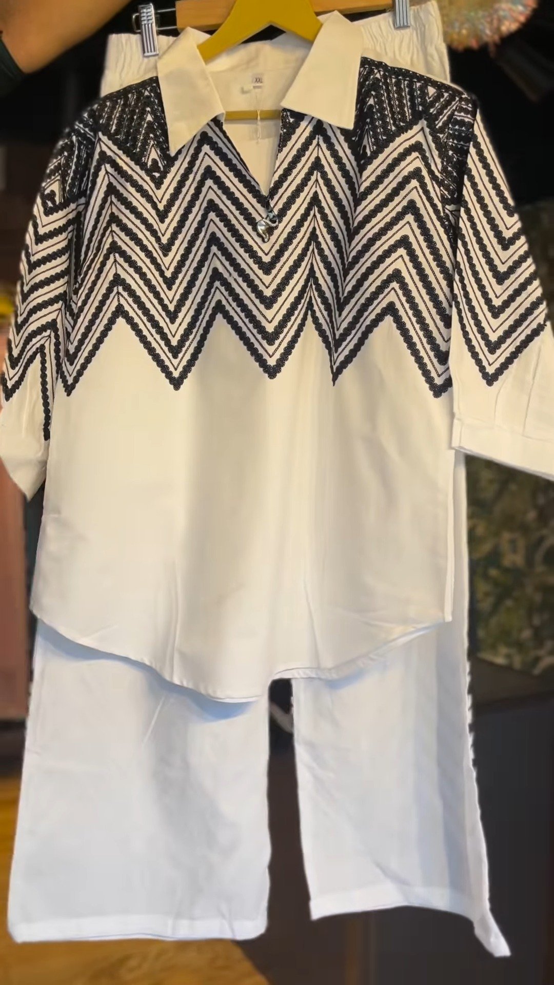 Monochrome Geometric Embroidered Co-ord Set in Crisp White - Image 4