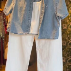Crystal Embellished Denim Shirt & White Trouser Co-ord Set
