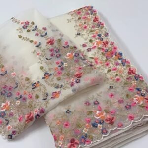 Ivory Organza Floral Embroidered Scalloped Saree