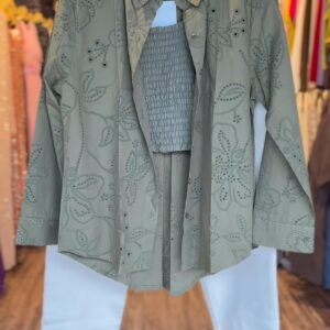 Sage Green Floral Eyelet Co-Ord Set with Cream Trousers – Available in Sage Green & Cream