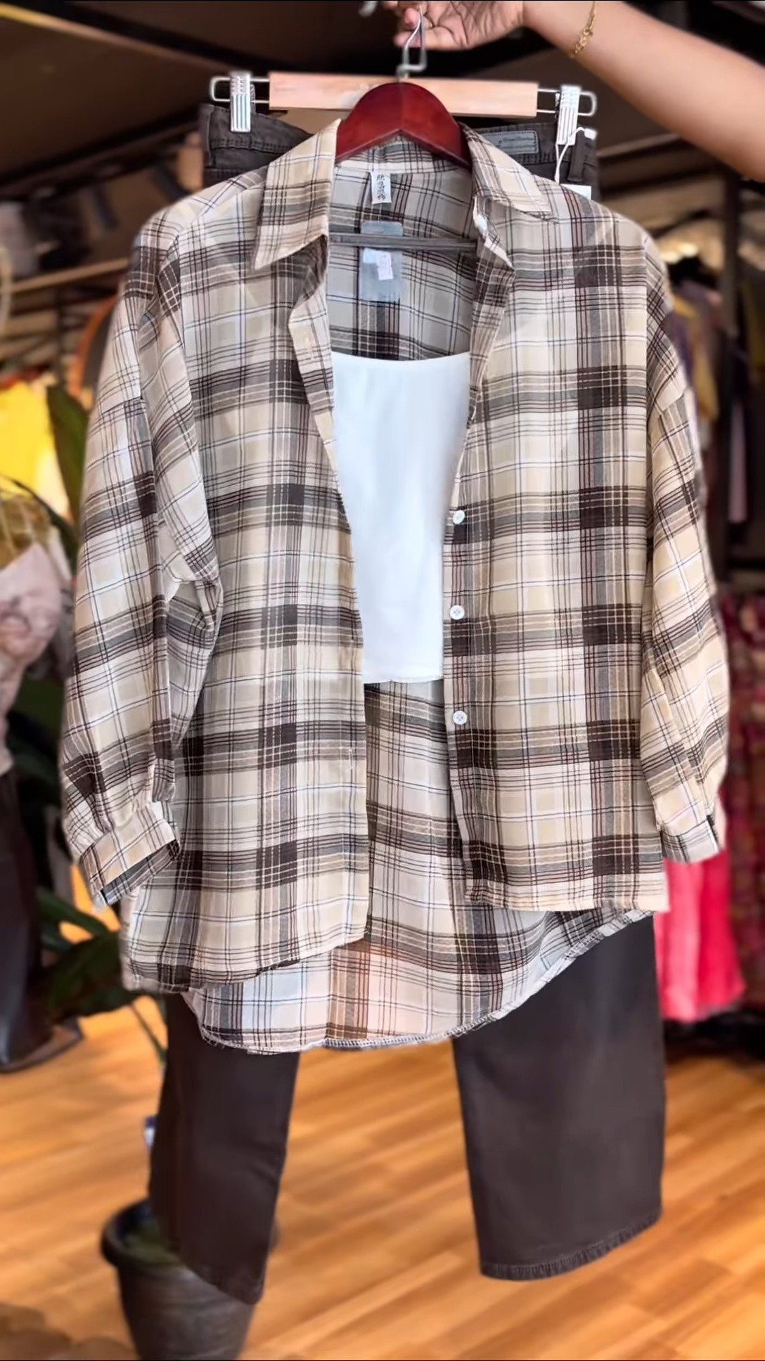 Urban Chic Plaid Shirt and Trouser Co-ord Set – Versatile Beige and Brown ensemble