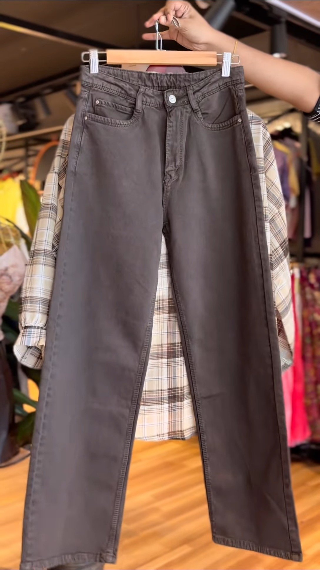 Urban Chic Plaid Shirt and Trouser Co-ord Set – Versatile Beige and Brown ensemble - Image 2