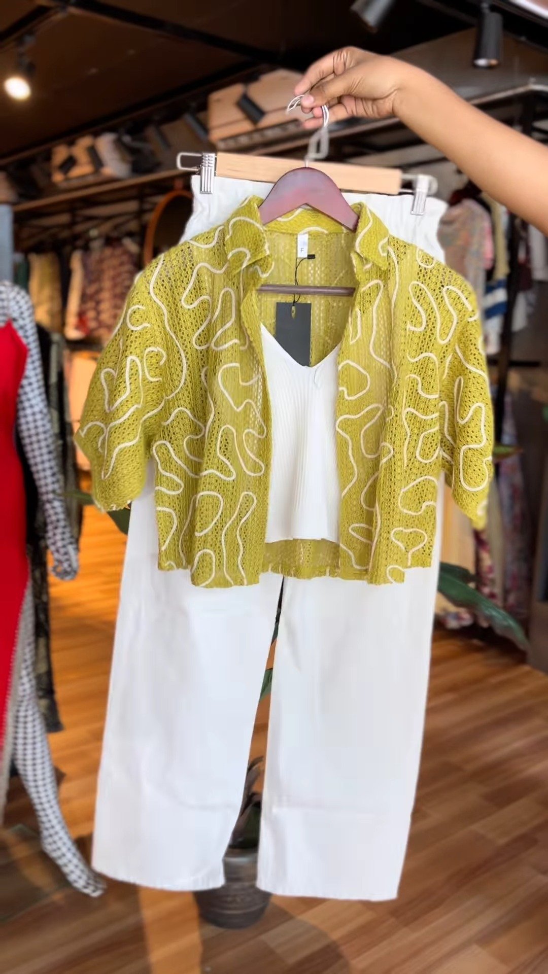 Olive Green Abstract Crochet Shrug & White Camisole Co-ord Set with Matching Trousers - Image 4