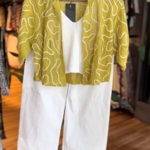 Olive Green Abstract Crochet Shrug & White Camisole Co-ord Set with Matching Trousers