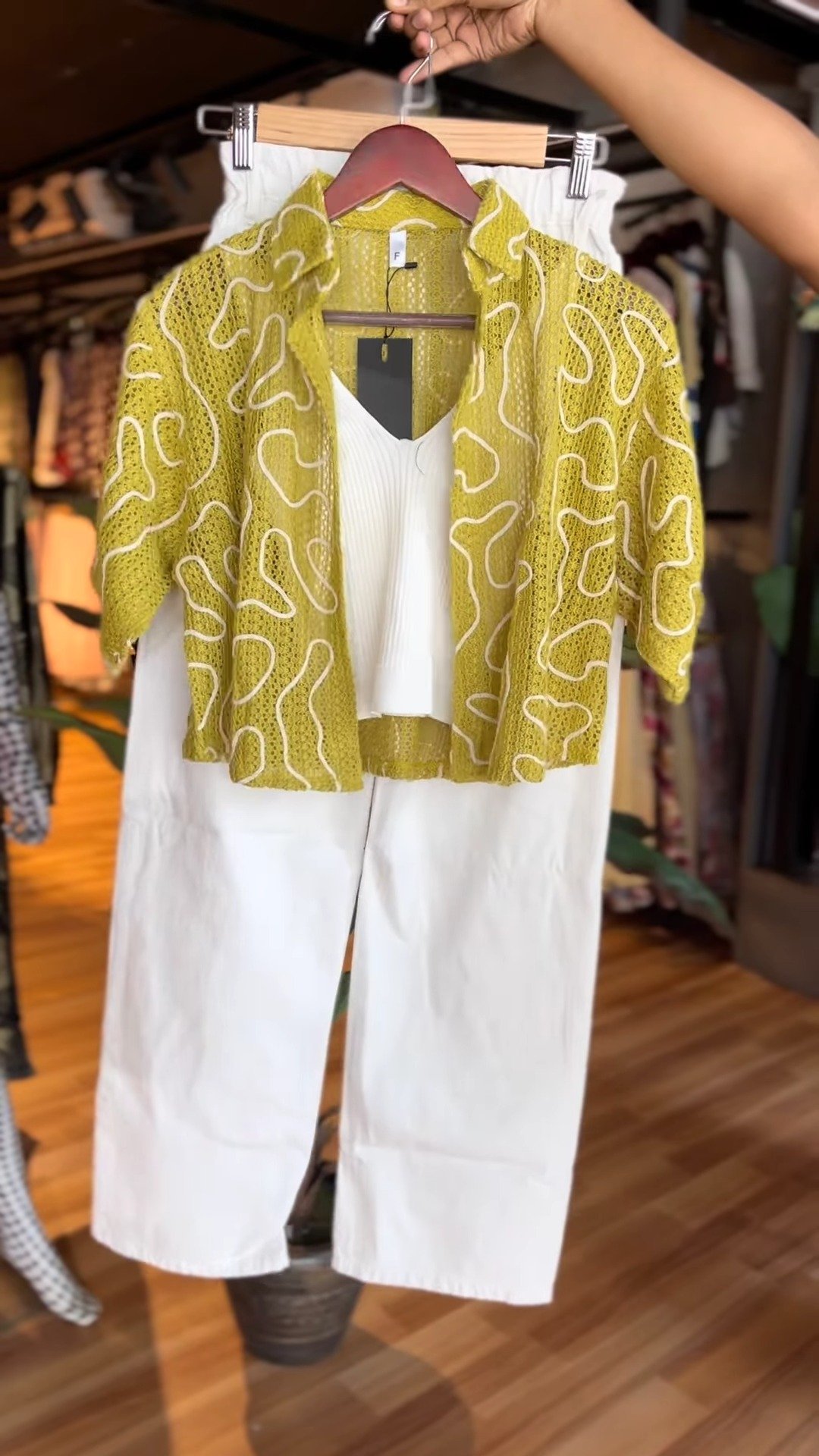 Olive Green Abstract Crochet Shrug & White Camisole Co-ord Set with Matching Trousers