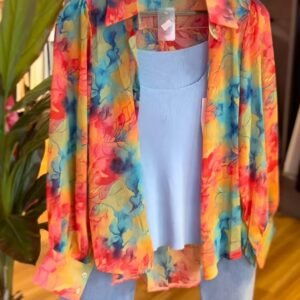 Vibrant Abstract Watercolor Print Shirt with Pastel Tank & Denim Set