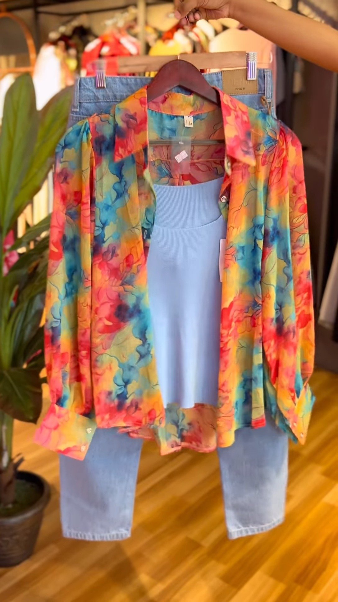 Vibrant Abstract Watercolor Print Shirt with Pastel Tank & Denim Set - Image 2