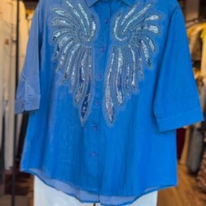 Contemporary Denim Shirt with Intricate Angel Wing Sequins – Available in Blue Shirt & White Trousers