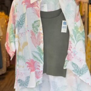 Tropical Botanical Linen Co-ord Set with Inner Tank – Available in Charcoal Grey & Dusty Rose