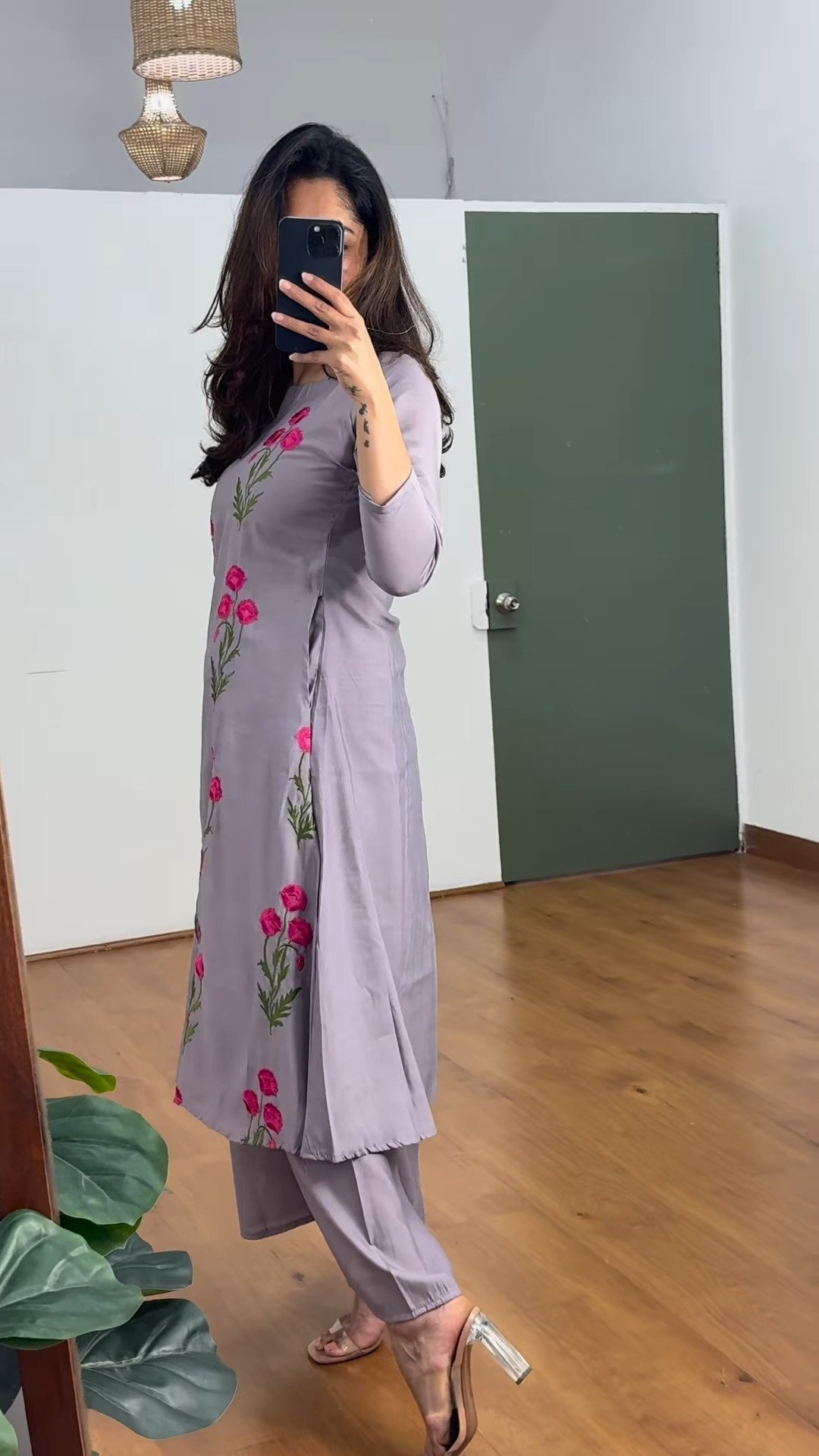 Poppy Motif Embroidered Kurta Set – Available in Lavender & Sage Green - Image 4