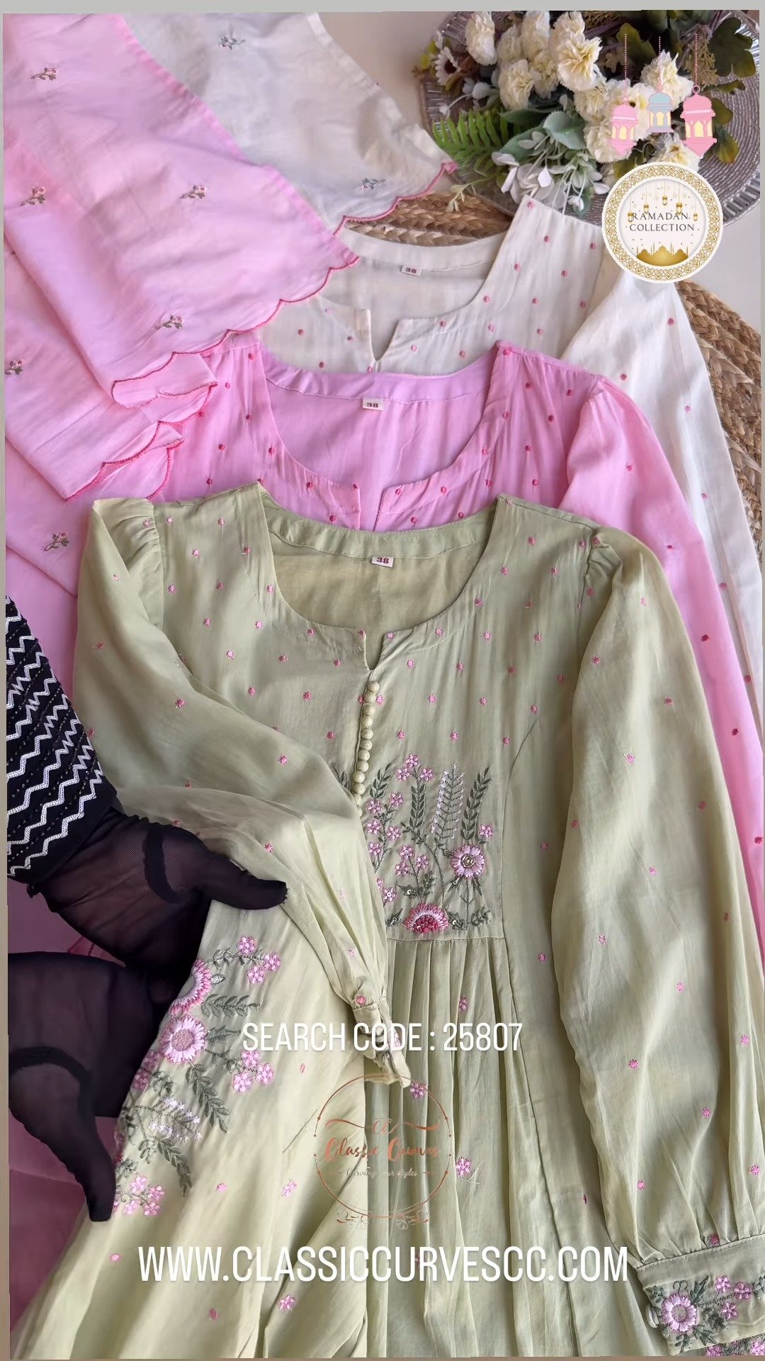 Floral Embroidered Pleated Kurta Set with Scalloped Dupatta – Available in Cream & Pastel Pink - Image 7