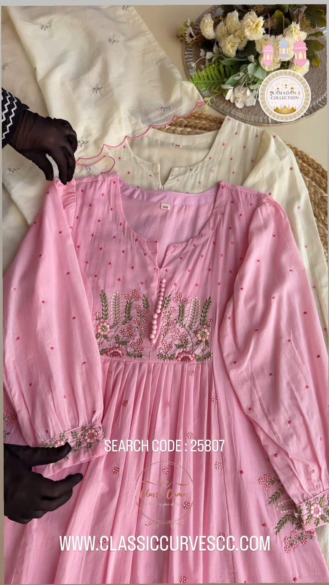 Floral Embroidered Pleated Kurta Set with Scalloped Dupatta – Available in Cream & Pastel Pink - Image 5