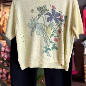 Pastel Botanical Knit Pullover with Classic Black Trousers – A Co-Ordinated Chic Ensemble