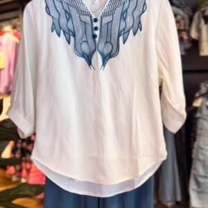 Elegant Embroidered White Kurta with Teal Blue Culottes Set