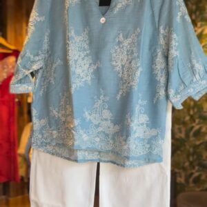 Pastel Blue Embroidered Kurti & White Trouser Co-ord Set