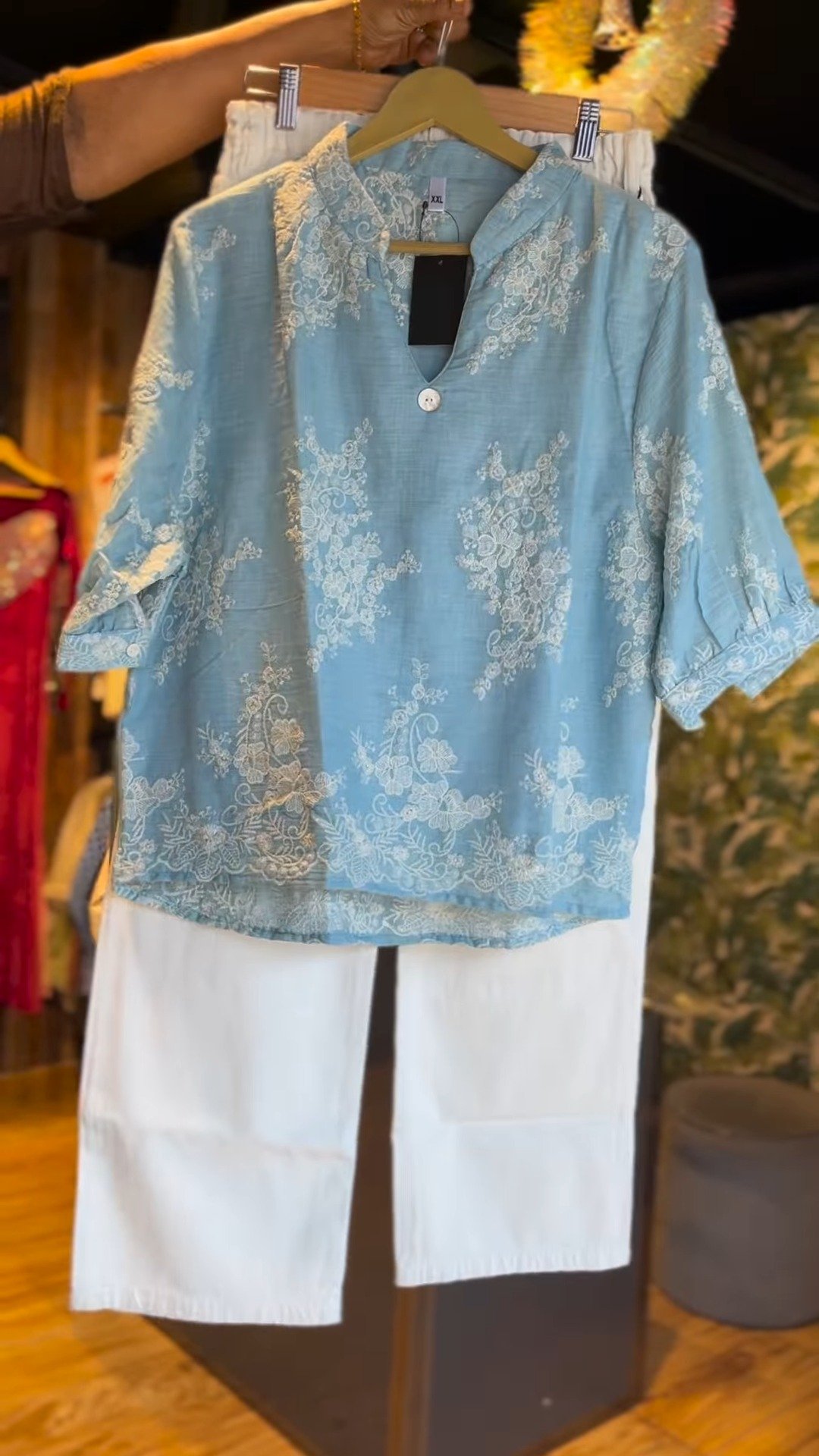 Pastel Blue Embroidered Kurti & White Trouser Co-ord Set - Image 4
