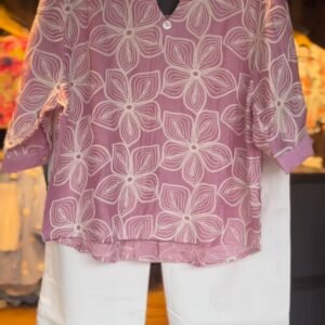 Floral Embroidered Mauve Kurta Set with White Trousers