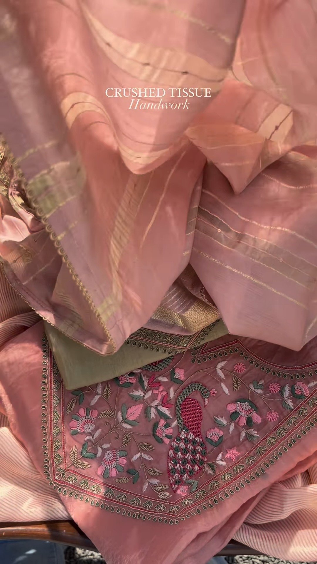 Peacock Embroidered Crushed Tissue Kurta Set – Available in Sage Green & Blush Pink - Image 5