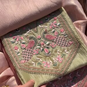 Peacock Embroidered Crushed Tissue Kurta Set – Available in Sage Green & Blush Pink