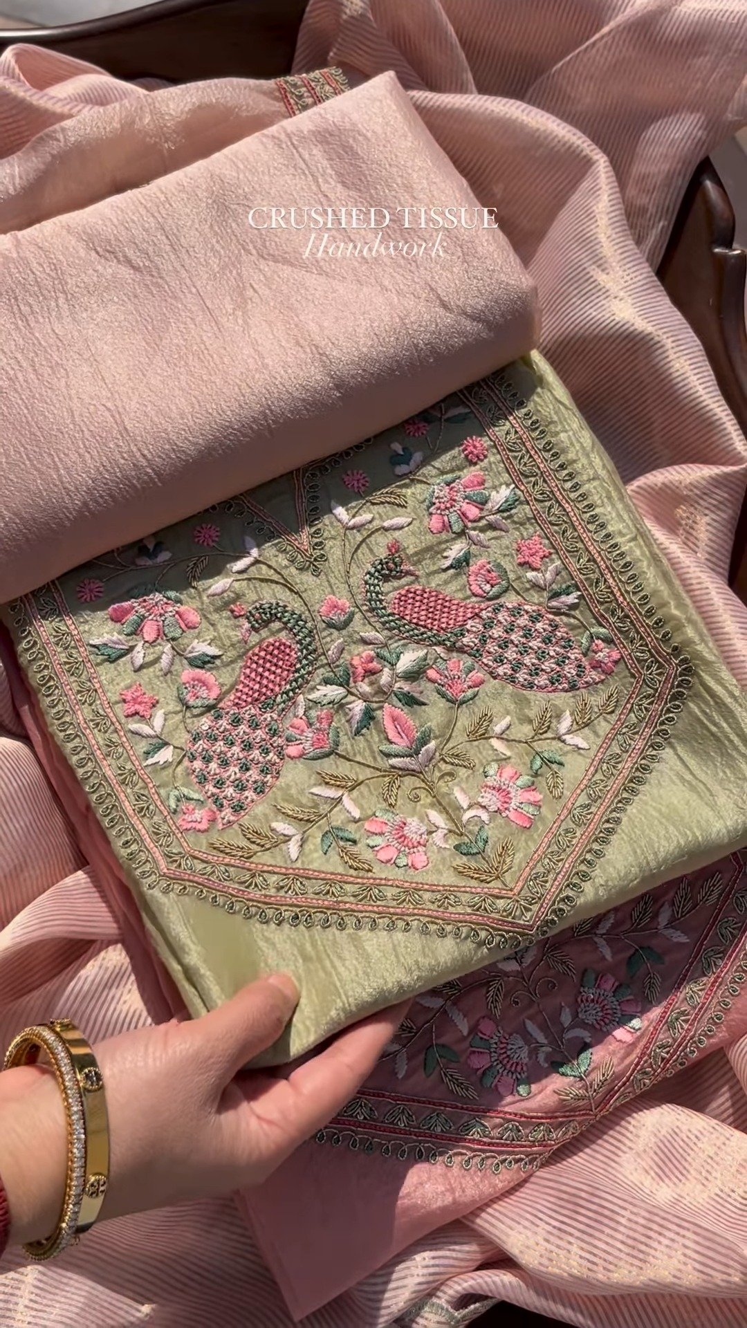 Peacock Embroidered Crushed Tissue Kurta Set – Available in Sage Green & Blush Pink