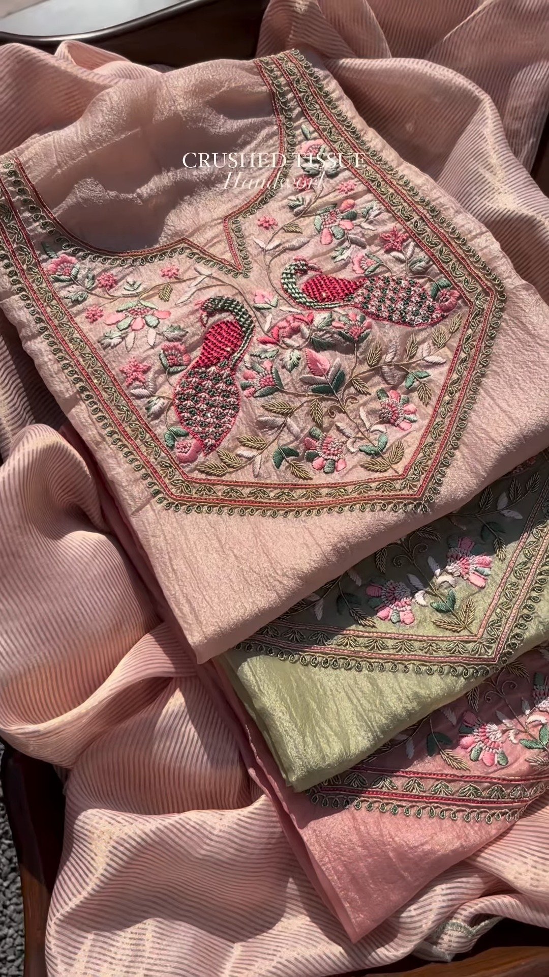 Peacock Embroidered Crushed Tissue Kurta Set – Available in Sage Green & Blush Pink - Image 2
