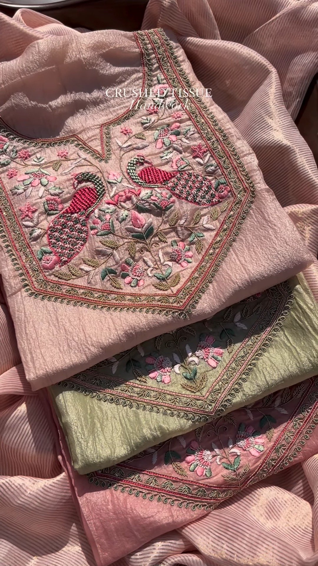 Peacock Embroidered Crushed Tissue Kurta Set – Available in Sage Green & Blush Pink - Image 3