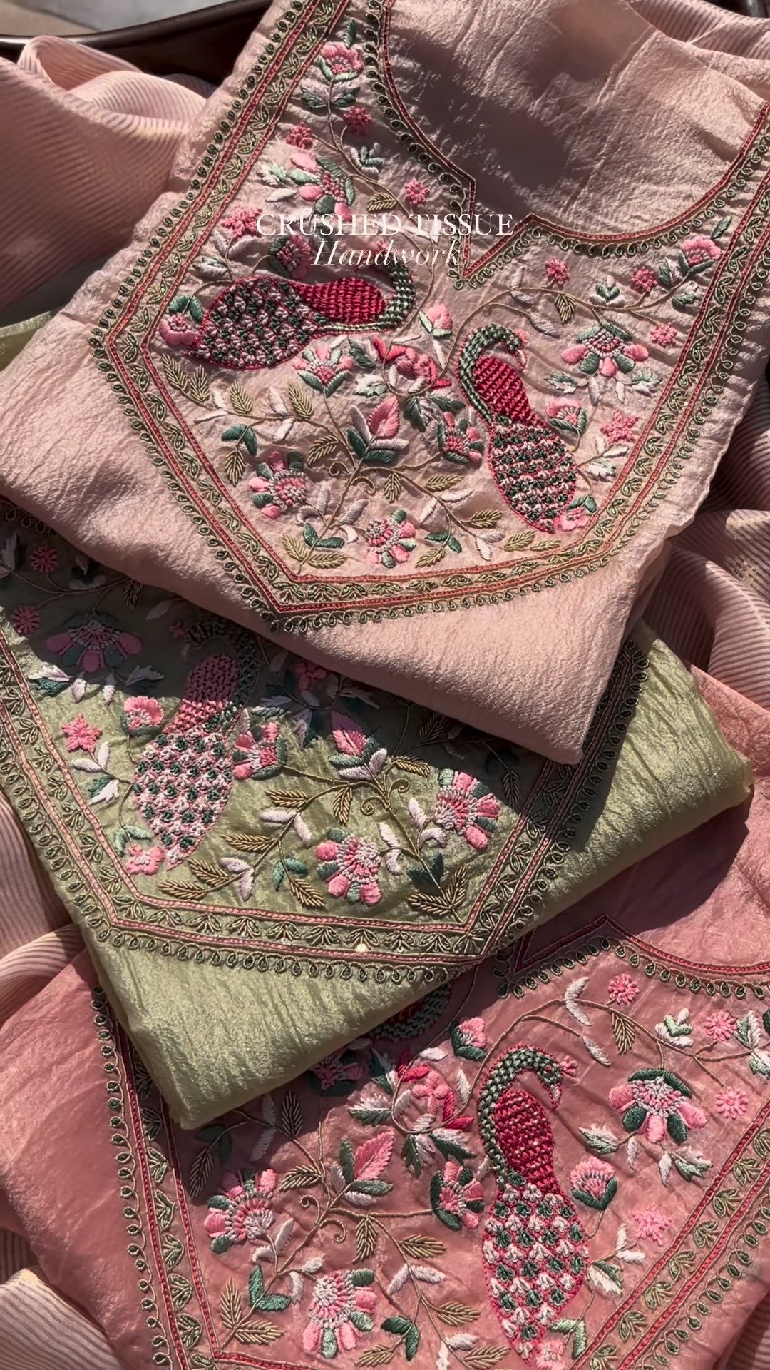 Peacock Embroidered Crushed Tissue Kurta Set – Available in Sage Green & Blush Pink - Image 4