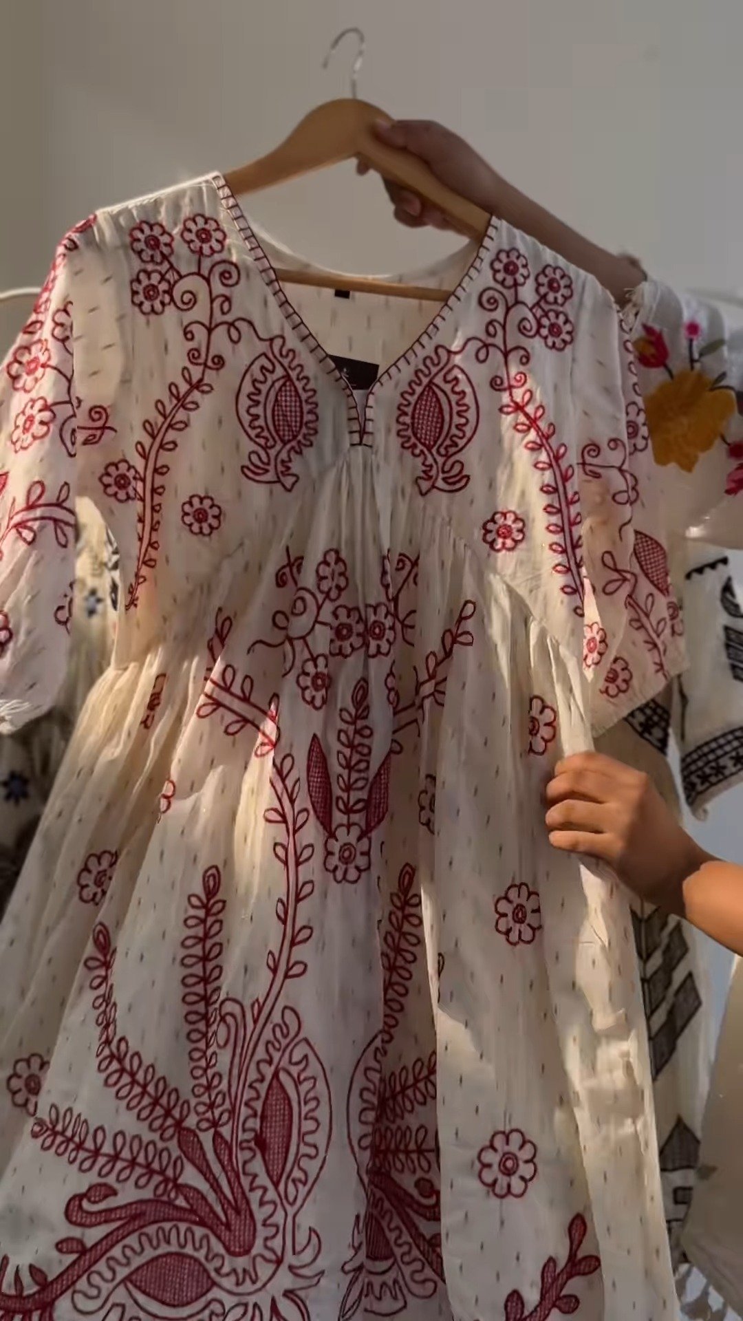 Bohemian Embroidered Tiered Cotton Kurta – Available in Crimson Red & Midnight Black - Image 3