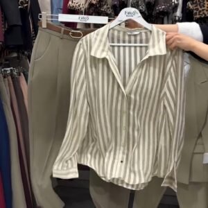 Classic Striped Shirt & Tailored Trouser Set – Available in Beige, Chocolate & Wine