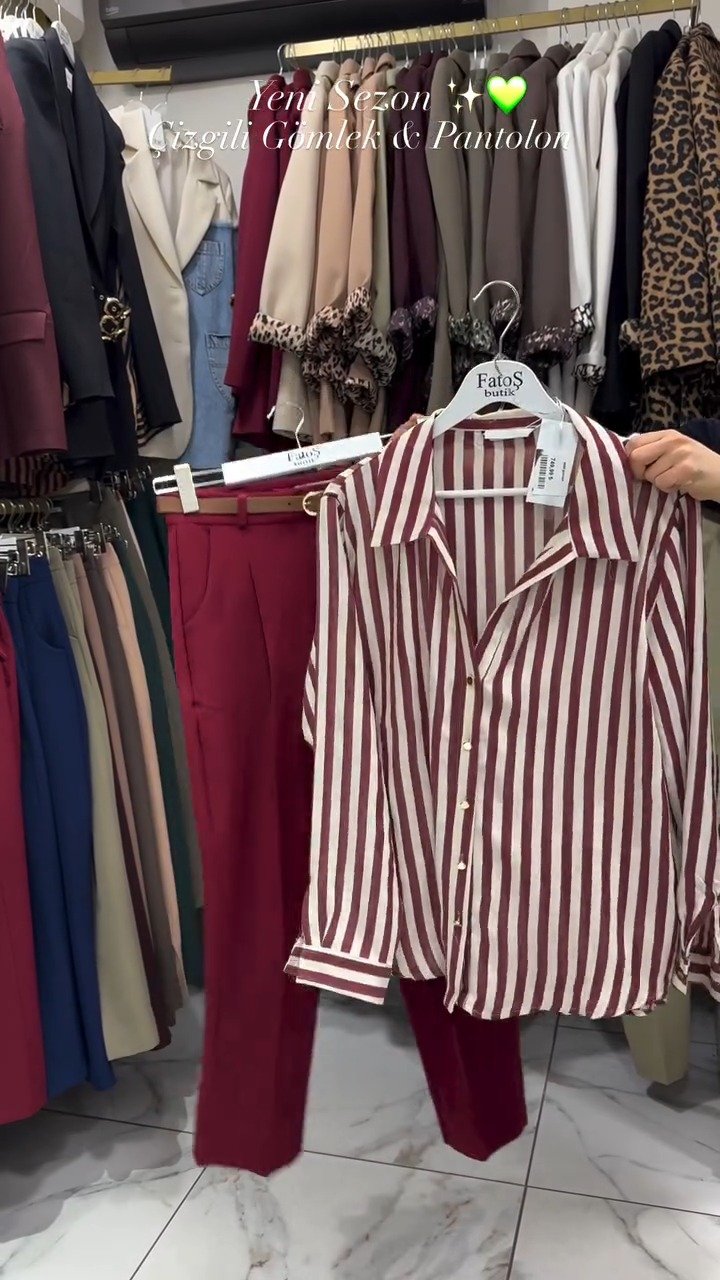 Classic Striped Shirt & Tailored Trouser Set – Available in Beige, Chocolate & Wine - Image 6