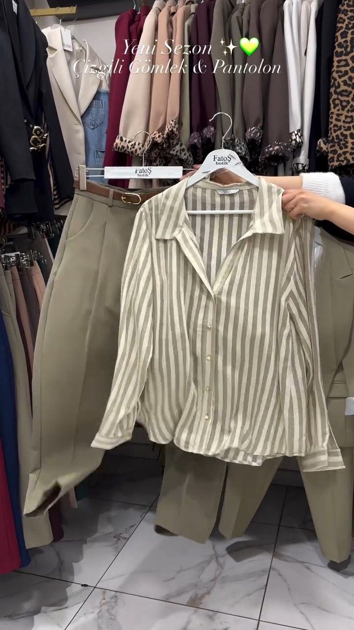 Classic Striped Shirt & Tailored Trouser Set – Available in Beige, Chocolate & Wine - Image 2