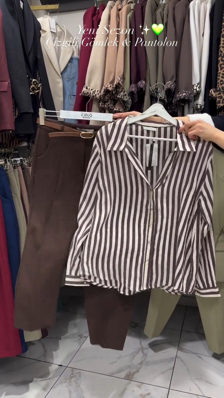 Classic Striped Shirt & Tailored Trouser Set – Available in Beige, Chocolate & Wine - Image 3