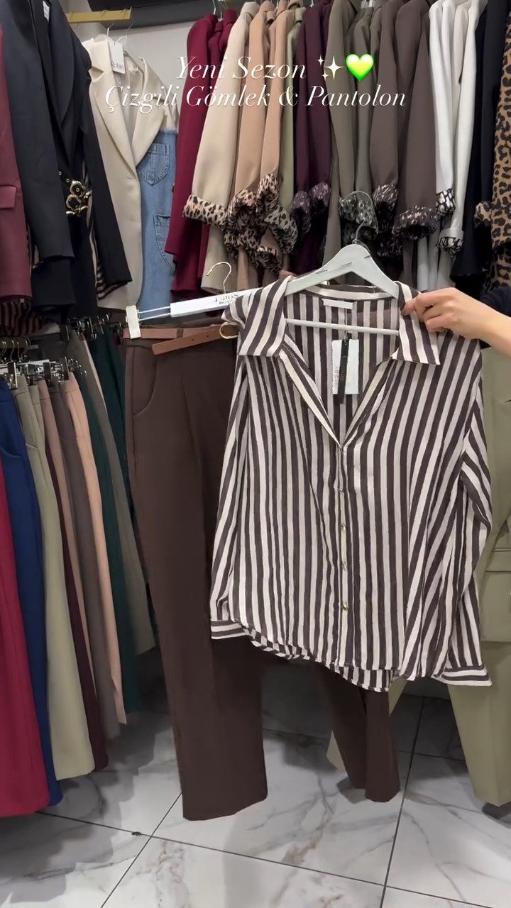 Classic Striped Shirt & Tailored Trouser Set – Available in Beige, Chocolate & Wine - Image 4