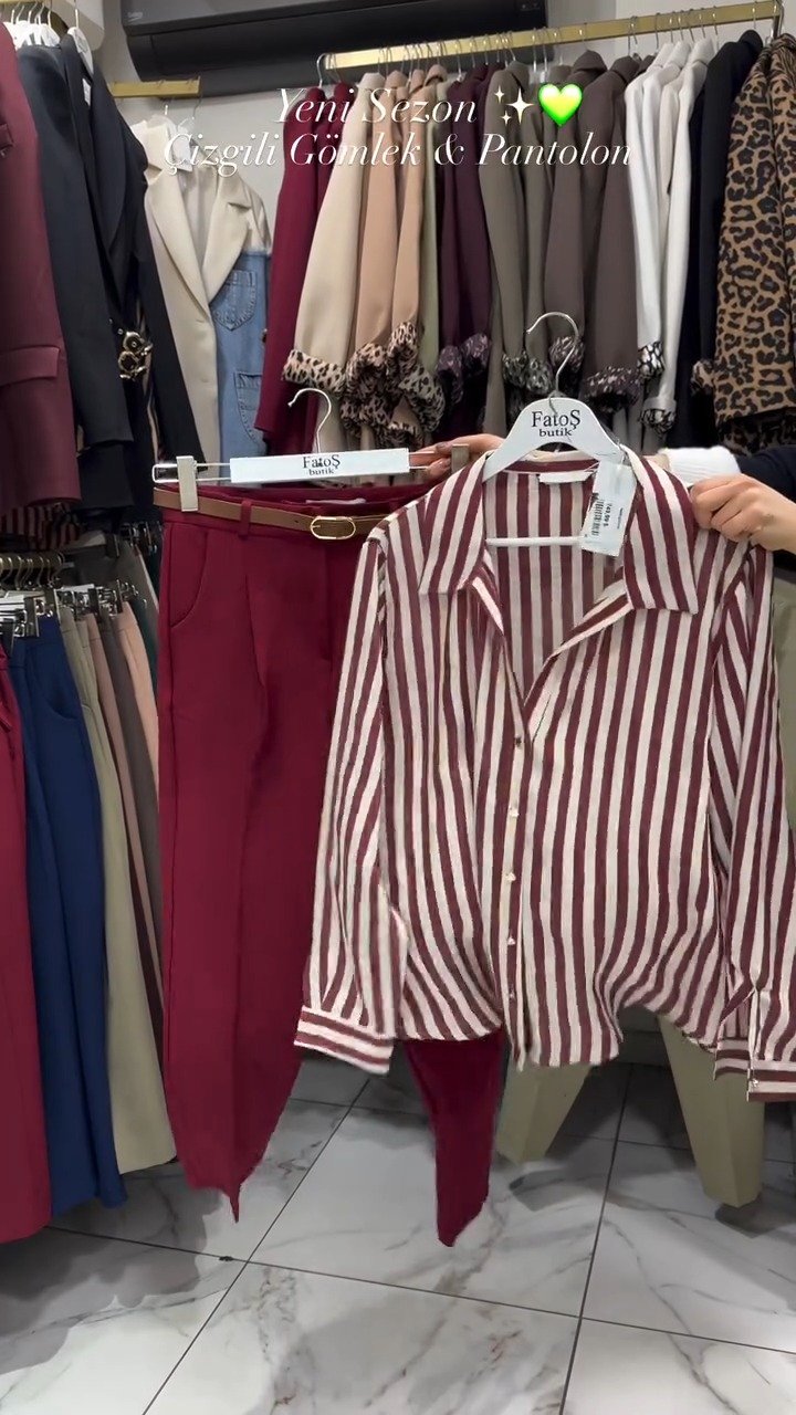 Classic Striped Shirt & Tailored Trouser Set – Available in Beige, Chocolate & Wine - Image 5