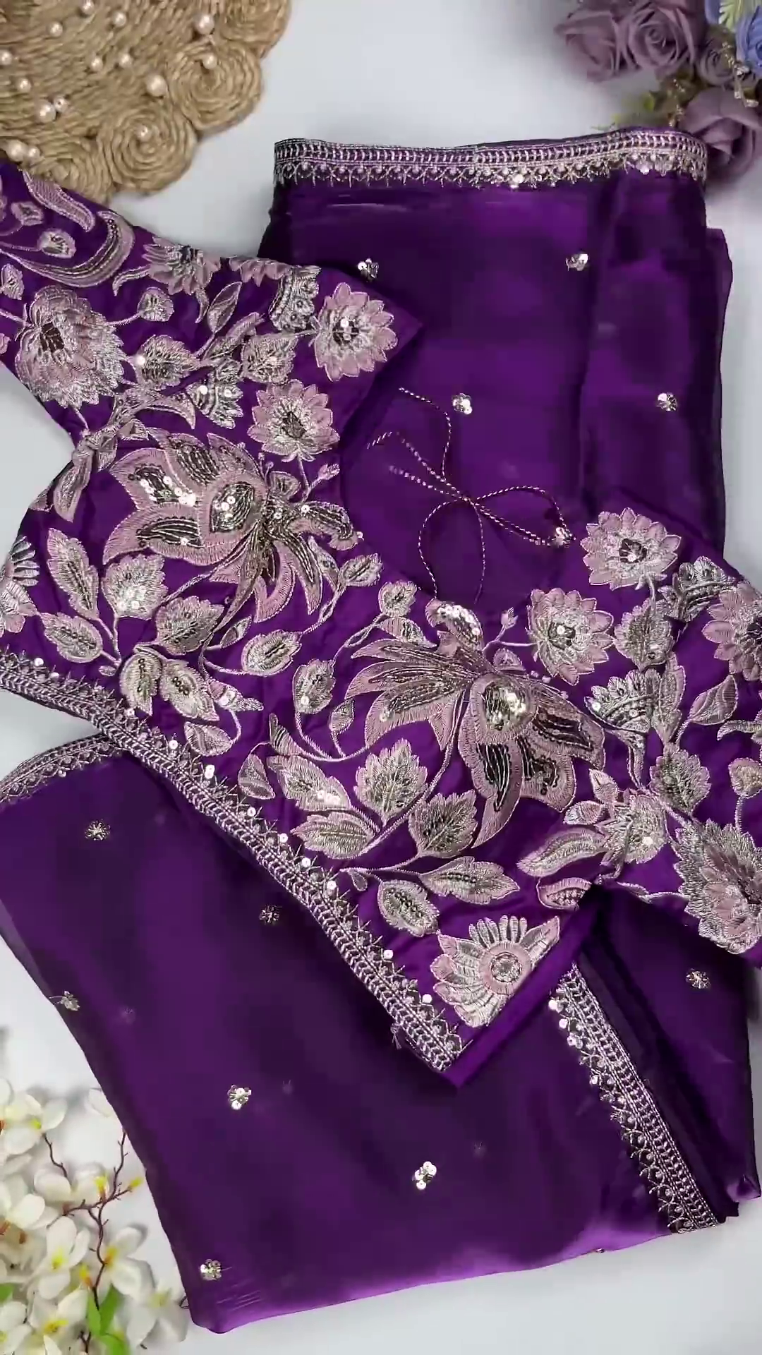 Royal Purple Heavy Embroidered Designer Blouse with Sequin Dupatta Set