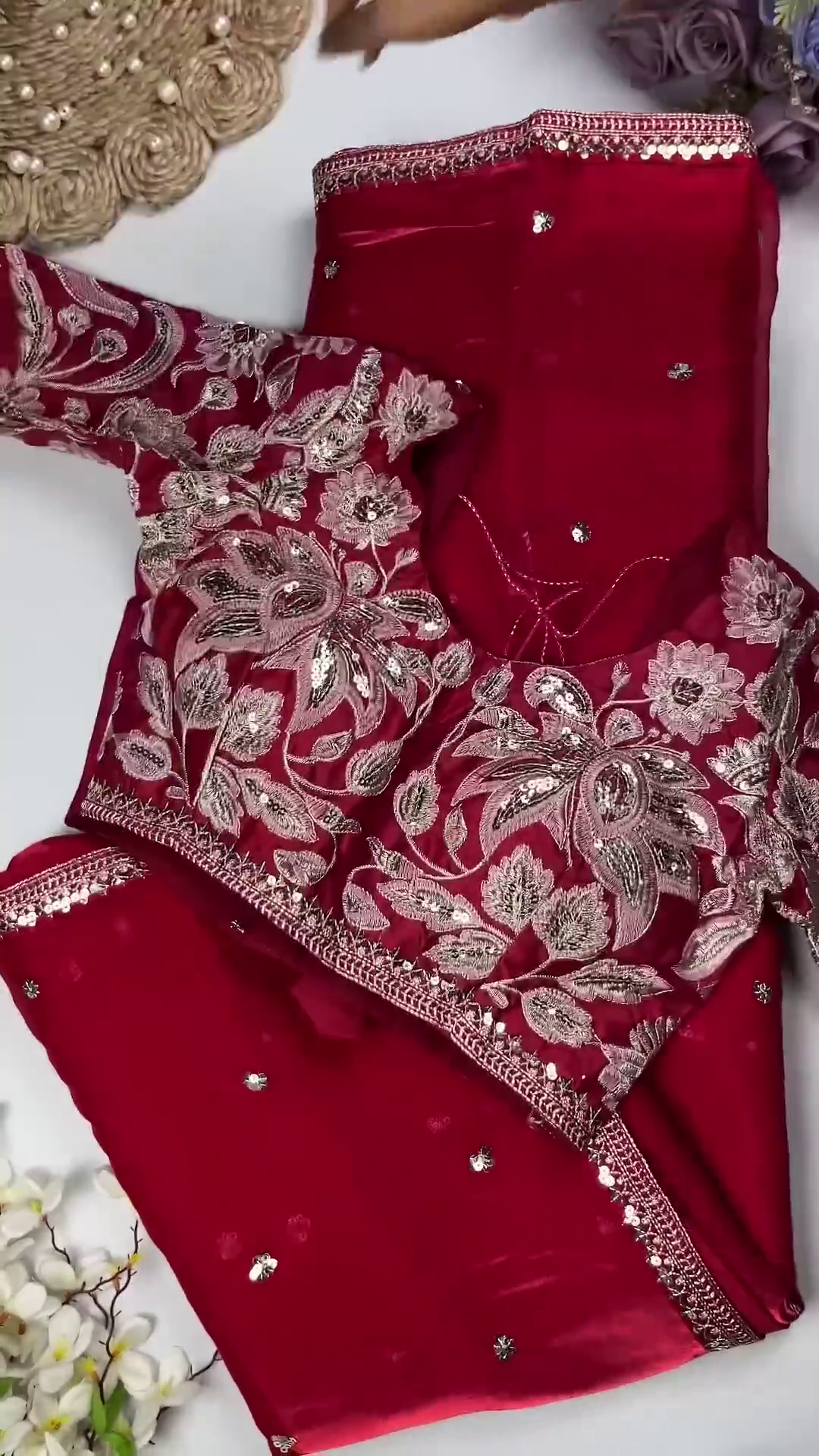 Royal Purple Heavy Embroidered Designer Blouse with Sequin Dupatta Set - Image 4