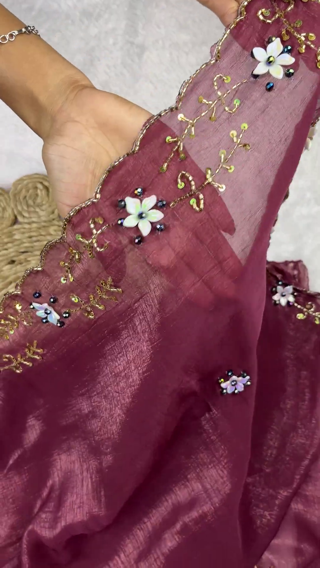 Mauve Silk Saree Set with 3D Floral Accents - Image 2