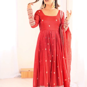 Crimson Red Silk-Blend Anarkali with Concentric Geometric Zari Border