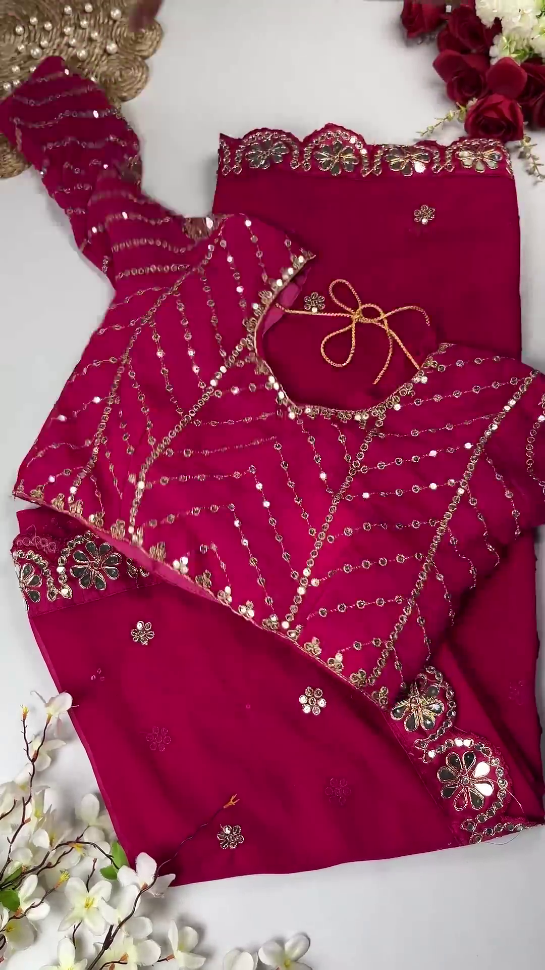 Georgette Saree Set with Hand-Embroidered Mirror-Work Floral Border - Image 7
