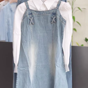 Classic Denim Pinafore Dress with Crisp White Shirt Set
