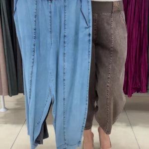 Comfort-Fit Elastic Waist Denim Trousers with Vertical Seam Detailing