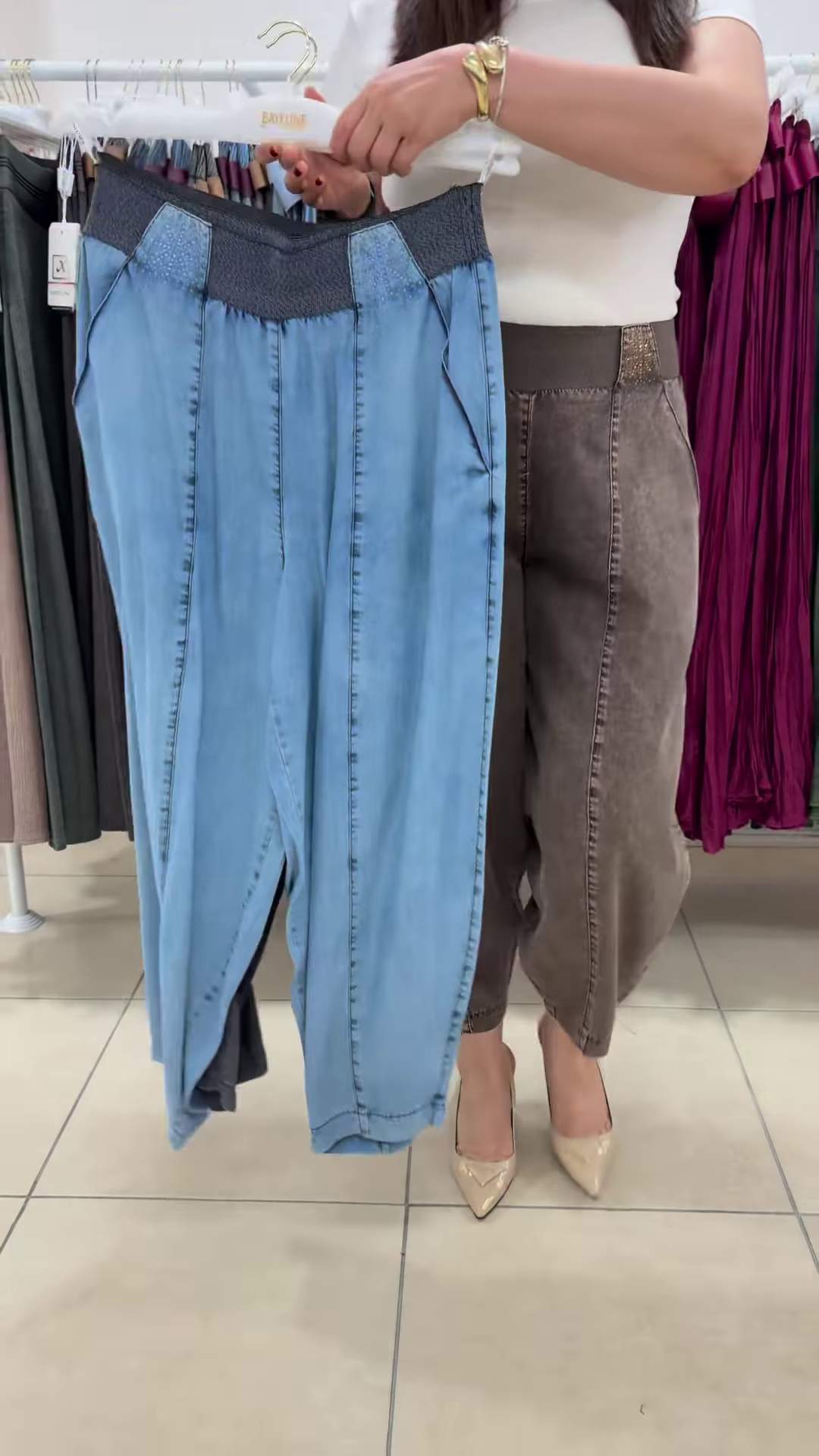 Comfort-Fit Elastic Waist Denim Trousers with Vertical Seam Detailing