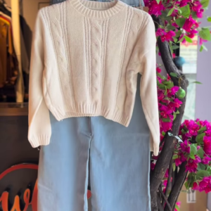 Chic Cable-Knit Sweater and Light-Wash Wide-Leg Denim Set