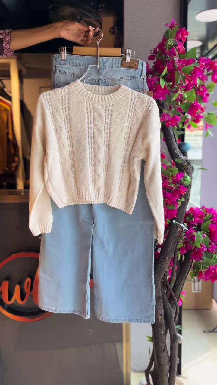 Chic Cable-Knit Sweater and Light-Wash Wide-Leg Denim Set