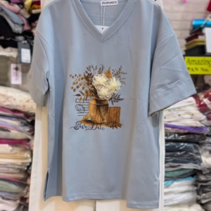 Floral Appliqué V-Neck T-Shirt with Plaid Cuffed Sleeves