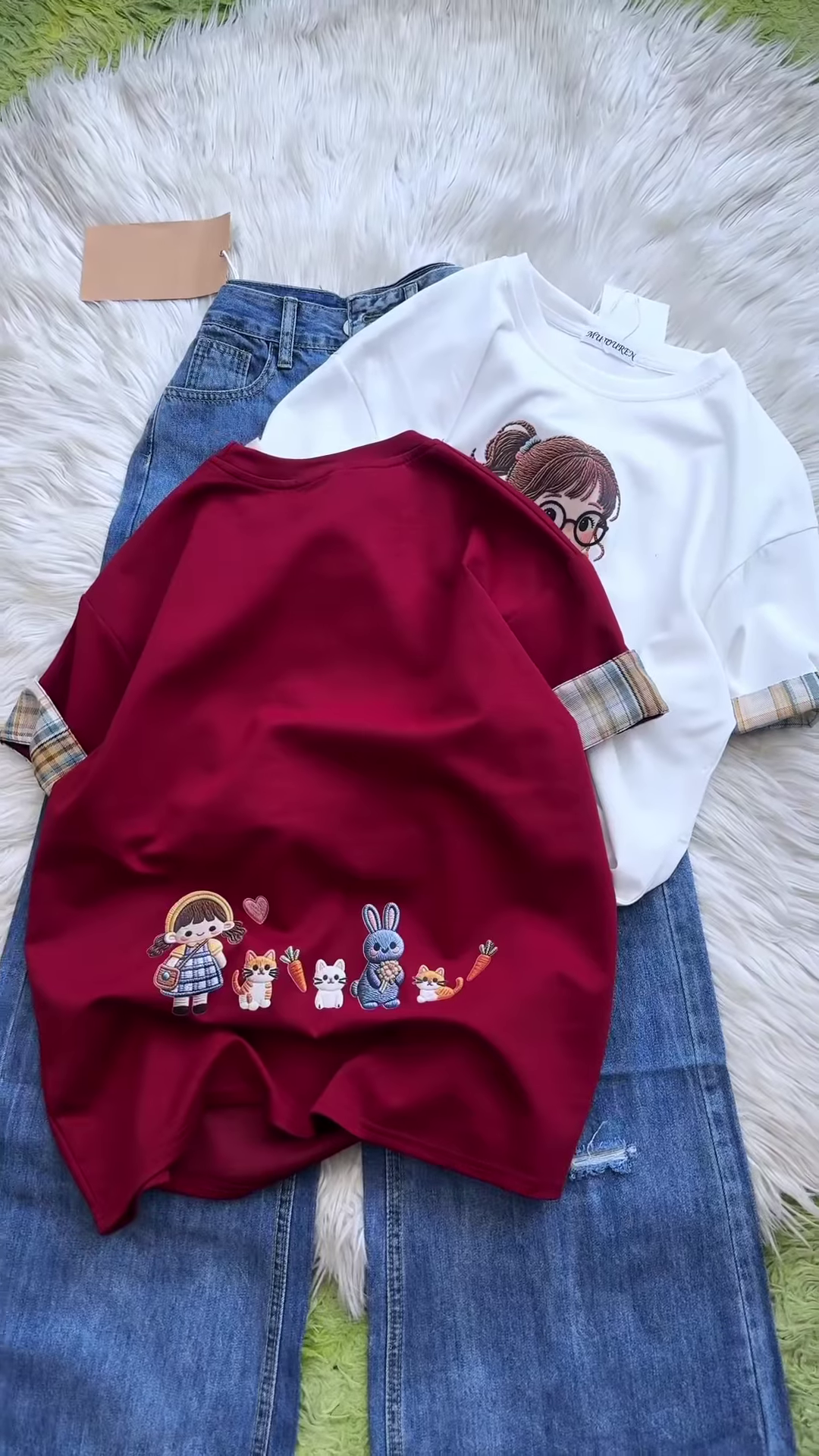 Embroidered Girl-Graphic Crew-Neck T-Shirt with Plaid Cuffed Sleeves - Image 5