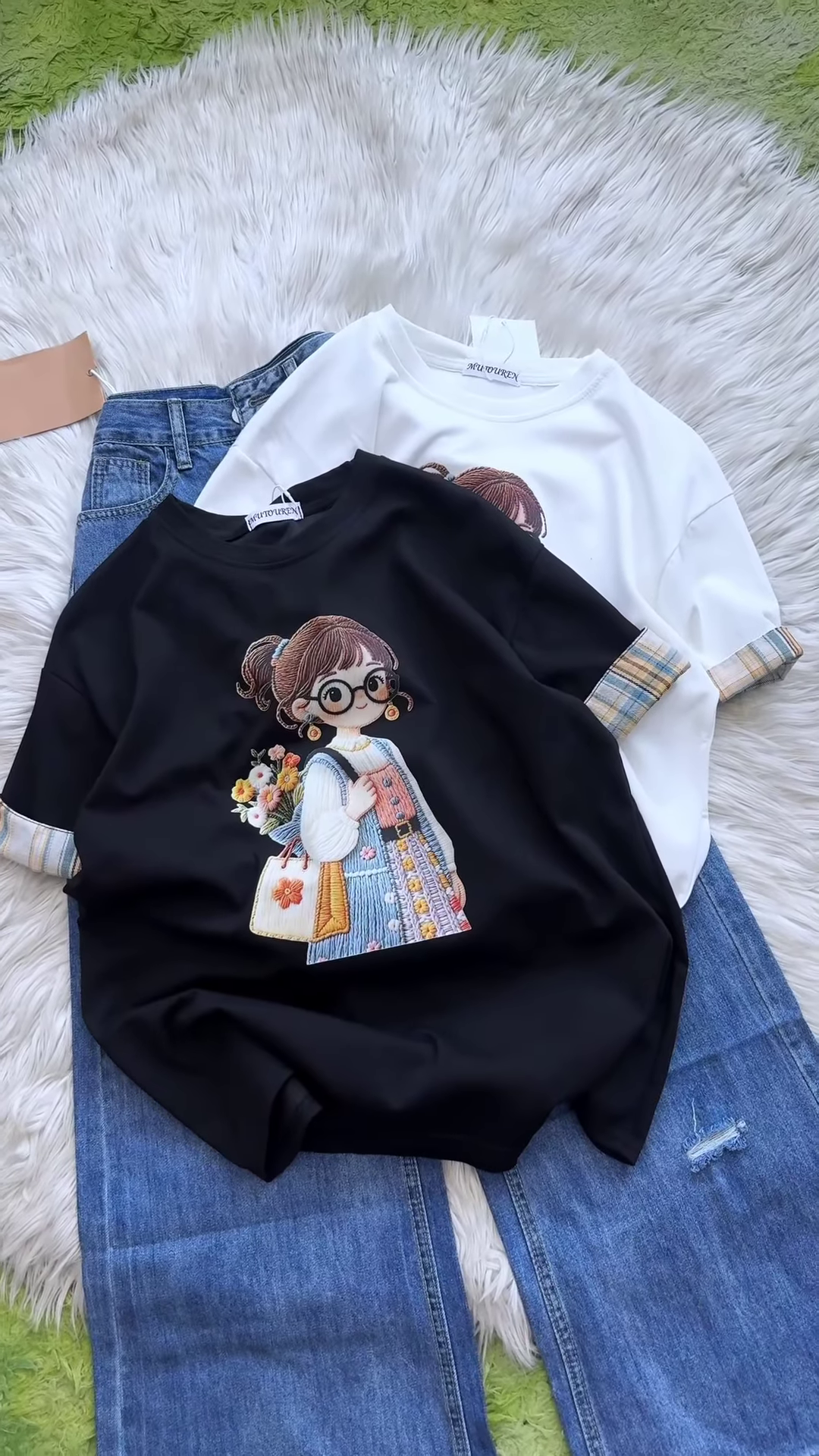 Embroidered Girl-Graphic Crew-Neck T-Shirt with Plaid Cuffed Sleeves - Image 4