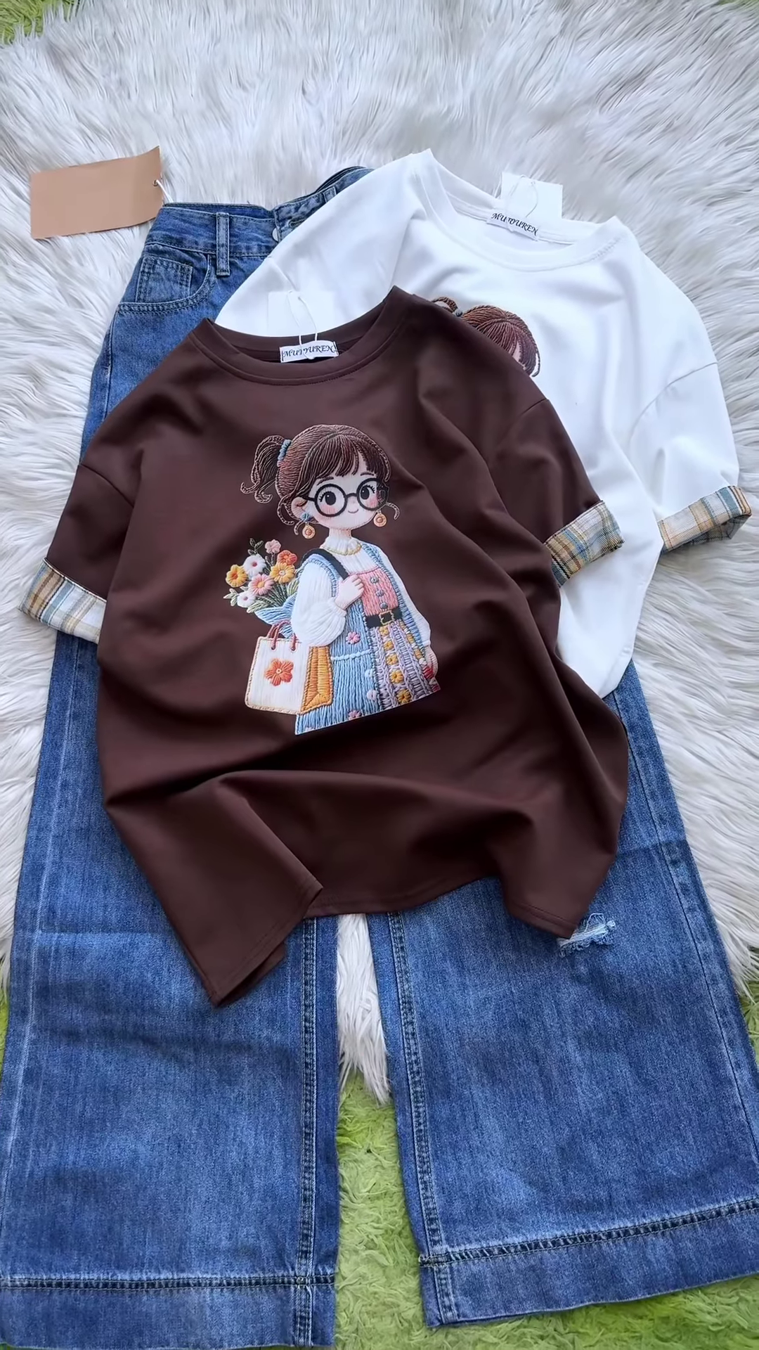 Embroidered Girl-Graphic Crew-Neck T-Shirt with Plaid Cuffed Sleeves - Image 3