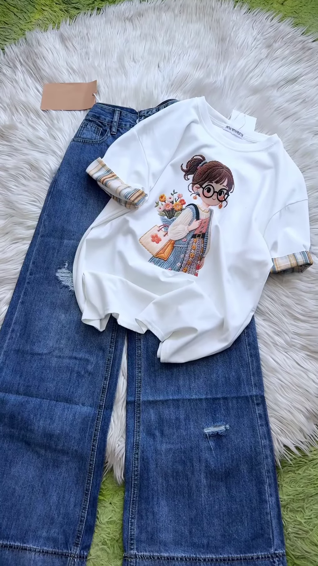 Embroidered Girl-Graphic Crew-Neck T-Shirt with Plaid Cuffed Sleeves - Image 2