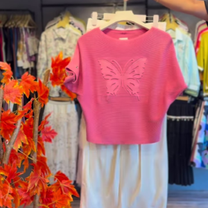 Ribbed Butterfly-Embellished Pink Top and White Skirt Co-ord Set